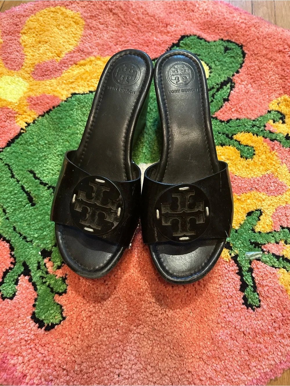 Tory Burch Black Logo Patent Slide Sandals